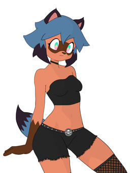 anthro belt black_bottomwear black_clothing black_crop_top black_hotpants black_shirt black_shorts black_topwear blue_hair bone bottomwear clothing crop_top female fishnet_clothing fishnet_legwear hair hotpants legwear midriff shirt shorts skull solo topwear hikaridraws brand_new_animal studio_trigger michiru_kagemori canid canine mammal raccoon_dog tanuki 3:4 absurd_res hi_res