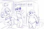 anthro blush buckteeth bulge butt clothed clothing eyewear fluffy fluffy_tail food glasses group hair hat headgear headwear inside locker locker_room looking_at_viewer looking_back male open_mouth short_hair slightly_chubby smile standing surprise tail teeth tongue topless underwear walking young young_anthro bluepawpanda alvin_and_the_chipmunks alvin_seville simon_seville theodore_seville chipmunk ground_squirrel mammal rodent sciurid 3:2 blue_and_white monochrome sketch brother_(lore) brothers_(lore) sibling_(lore)