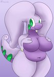 anthro belly big_breasts big_tail breasts curvy_figure featureless_breasts featureless_crotch female green_eyes hand_on_breast navel nude purple_background purple_body purple_skin simple_background slightly_chubby slime smile solo tail thick_thighs voluptuous sneavile nintendo pokemon generation_6_pokemon goodra pokemon_(species) 2022 absurd_res digital_drawing_(artwork) digital_media_(artwork) hi_res