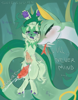 2_penises abdominal_bulge animal_genitalia blush bodily_fluids cum cum_in_vagina cum_inside cum_on_leg dialogue duo duo_focus ejaculation exhibitionism eye_roll eyes_closed female feral feral_on_feral filling_up forked_tongue genital_fluids genitals green_body group hand_grab holding_another humanoid_genitalia living_penis male male/female multi_genitalia multi_penis nipples pawpads penis penis_snake pink_penis purple_eyes purple_nipples purple_pawpads purple_tongue purple_vulva size_difference spiked_penis spikes spikes_(anatomy) splurt text tongue unusual_anatomy unusual_genitalia unusual_penis vulva shieshuqqq nintendo pokemon felid feline generation_5_pokemon generation_9_pokemon mammal pokemon_(species) reptile scalie serperior snake sprigatito english_text hi_res