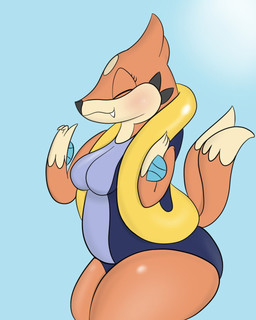 anthro blue_background blush breasts clothed clothing dipstick_tail eyes_closed female fur happy markings multi_tail multicolored_tail orange_body orange_fur simple_background solo swimwear tail tail_markings pandashorts nintendo pokemon floatzel generation_4_pokemon pokemon_(species) 2015 4:5 hi_res