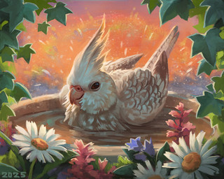 beak black_eyes daisy_(flower) feather_tuft feathered_wings feathers feral flower leaf long_tail_feathers pink_beak pink_flower plant purple_flower sitting_in_water tuft white_body white_feathers white_flower white_wings wings alexpahomov avian bird cockatiel cockatoo parrot 2025 5:4 digital_media_(artwork) digital_painting_(artwork) painting_(artwork)