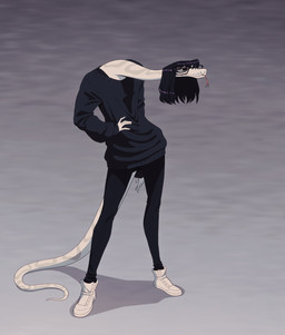 5_fingers alternate_species anthro biped black_bottomwear black_clothing black_eyes black_eyeshadow black_eyewear black_freckles black_glasses black_hair black_pants black_shirt black_topwear bob_cut bottomwear clothed clothed_anthro clothed_female clothing eyelashes eyeshadow eyewear female female_anthro fingers footwear forked_tongue freckled_face freckles front_view furrification glasses glistening glistening_eyes glistening_hair grey_background grey_body grey_markings grey_scales hair hand_on_hip humanoid_hands hunched_over long_neck long_tail looking_up makeup markings medium_hair neck_markings non-mammal_hair oversized_clothing oversized_shirt oversized_topwear pants pink_tongue pit_organ plantigrade ring_(marking) scale_markings scales shadow shirt shoes simple_background slim slim_anthro slim_female sneakers snout solo standing tail tail_down tail_markings thin_legs three-quarter_view tongue tongue_out topwear white_body white_clothing white_footwear white_scales white_shoes white_sneakers white_tail gooseworx chinese_zodiac year_of_the_snake gooseworx_(character) reptile scalie snake 2025 absurd_res colored digital_drawing_(artwork) digital_media_(artwork) english_description full-length_portrait hi_res portrait shaded