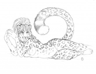 anthro barefoot biped breasts digitigrade feet female fluffy fluffy_tail fur hair inner_ear_fluff jewelry long_hair looking_at_viewer lying markings necklace nipples nude on_side pose smile solo spots spotted_body spotted_fur tail tuft whiskers dark_natasha felid mammal pantherine snow_leopard 2015 greyscale monochrome pinup signature sketch traditional_media_(artwork)