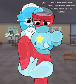 anthro black_eyes blue_body blue_hair bodily_fluids clothing duo embarrassed eyelashes female female/female ghost_tail hair holding_body holding_body_parts leg_grab not_furry open_mouth oversized_clothing raised_leg red_body smile smiling_at_another smiling_at_partner star star_symbol sweat sweatdrop sweater text thick_thighs thigh_grab topwear worried worried_face worried_look adorbinite blushcrunch_studio dandy's_world connie_(dandy's_world) gigi_(dandy's_world) ghost humanoid spirit 2026 digital_media_(artwork) english_text hi_res