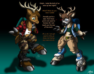 anthro antlers backpack boots clothing duo footwear hooves horn male shoes text torn_clothing transformation catmonkshiro deer mammal new_world_deer white-tailed_deer 2016 digital_media_(artwork) english_text full-length_portrait portrait