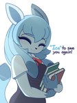 2021 anthro black_nose blue_body blue_ears blue_eyes blue_fur blue_hair blue_tail blush blush_lines book canid clothed clothing dialogue digital_media_(artwork) eeveelution english_text eyes_closed female fur generation_4_pokemon glaceon hair hi_res holding_book holding_object humor looking_at_viewer mammal nintendo pinkcappachino pokemon pokemon_(species) pokemorph pun school_uniform simple_background smile solo tail talking_to_viewer text uniform white_background