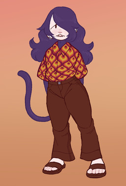 anthro clothing ear_piercing femboy flip_flops footwear fur male piercing purple_body purple_fur sandals shoes solo wonderslug maple_(wonderslug) haplorhine mammal monkey primate