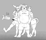 4_toes 5_fingers anthro anthro_on_anthro barefoot bisexual bottomwear clothed clothed_anthro clothed_female clothed_male clothing eyes_closed feet female fingers fur grin group hair hindpaw humanoid_hands male male/female male/male mmf overweight overweight_anthro overweight_male paws shirt shorts skirt sleeping smile teeth toes topwear trio burrserk echo_(game) echo_(series) echo_project clint_(echo) heather_(echo) jeremy_begay micha_(echo) bassariscus bat canid canine domestic_cat felid feline felis fox kit_fox mammal procyonid ring-tailed_cat true_fox 2024 greyscale hi_res monochrome