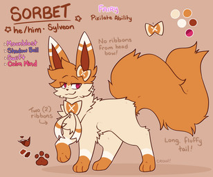 ambiguous_gender cheek_tuft chest_tuft facial_tuft feral fur head_tuft long_tail markings orange_body orange_fur pink_eyes quadruped ribbons_(anatomy) solo tail tan_body tan_fur text tuft white_markings razorwiind nintendo pokemon sorbet_(transtorracat) eeveelution generation_6_pokemon pokemon_(species) sylveon 2025 english_text hi_res model_sheet