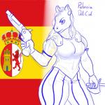 1:1 anthro armor blackbetty clothing equid equine female flag gun handgun horse mammal melee_weapon pistol ranged_weapon solo spain spanish_flag weapon