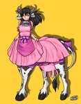 2022 4_breasts accessory bell black_hair bovid bovid_taur bovine bovine_taur breasts breasts_and_teats cattle cattle_taur clothing collar cowbell dress ear_piercing ear_ring female fur furgonomics hair hi_res hooves horn horn_accessory horn_bell humanoid looking_aside mammal mammal_taur markings multi_breast nosch piercing pink_clothing pink_dress ribbons ring_piercing simple_background smile solo spots spotted_body tail tail_accessory tail_ribbon taur teats udders white_body white_fur yellow_background