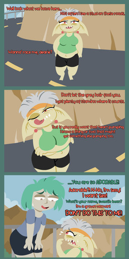 accessory age_difference brown_eyes clothing duo ear_piercing ear_ring fangs female green_hair grey_hair hair headband larger_male male male/female mature_female piercing red_eyes ring_piercing shirt shortstack size_difference smaller_female tank_top teeth text topwear workout_clothing yellow_body shane_frost goblin human humanoid mammal comic english_text hi_res