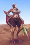 3_toes anthro big_breasts big_hands blue_eyes breasts camel_toe claws curvy_figure desert feet female looking_at_viewer melee_weapon non-mammal_breasts polearm sand solo spear thick_thighs toe_claws toes voluptuous weapon wide_hips mrsk ever_oasis nintendo miura drauk lizard reptile scalie hi_res