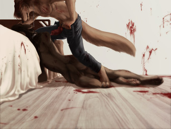 abuse animal_genitalia animal_penis anthro bed blood bodily_fluids bottomwear butt canine_genitalia canine_penis clothed clothing collar duo erection female furniture genitals jewelry male necklace nude open_bottomwear open_clothing open_pants pants penis slave topless wounded fuckie khanaar sheya canid canine canis mammal wolf 2016 story story_in_description