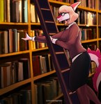 anthro bangs blep blonde_hair bone_frill book bookshelf bottomwear breasts clothing concentration eyewear female frill_(anatomy) furniture glasses green_eyes hair holding_book holding_object leggings legwear library long_tail on_ladder orange_body photo_background shelf shirt side_boob skirt solo spiked_tail spikes spikes_(anatomy) standing sweater tail tongue tongue_out topwear white_body deadassspider cavemanon_studios goodbye_volcano_high snoot_game naomi_(gvh) dinosaur hadrosaurid ornithischian ornithopod parasaurolophus prehistoric_species reptile scalie hi_res photography_(artwork)