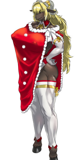 5_fingers anthro big_breasts blonde_hair breasts brown_body brown_fur clothing female fingers front_view fur hair hand_on_hip kemono long_hair nipples simple_background solo standing white_background baneroku bovid caprine mammal sheep 2015 hi_res