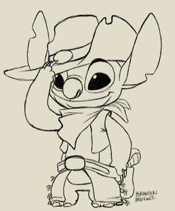 claws clothed clothing cowboy cowboy_hat hat headgear headwear holster kerchief neckerchief neckwear notched_ear smile solo standing tipping_hat huntingu disney lilo_and_stitch stitch_(lilo_and_stitch) alien experiment_(lilo_and_stitch) 2015 black_and_white monochrome