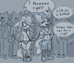 ankle_cuffs anthro areola beverage blush blush_lines bodily_fluids boots bottomwear bound bracelet breasts choker clothed clothing collar constricted_pupils container crop_top crowd cuff_(restraint) cup dialogue duo_focus exclamation_point eye_through_hair eyebrow_through_hair eyebrows eyelashes eyelashes_through_hair eyes_closed fangs female female_anthro footwear fur group hair hand_on_hip hands_at_side high_heels jewelry knock-kneed leash leashed_collar leashed_female long_hair medium_breasts metal_cuffs navel necklace nervous nipples offering_partner offering_sex offering_to_another open_mouth panties panties_only pants party pupils restraints shaking shirt shocked shoes small_breasts small_pupils snout speech_bubble sweat sweatdrop tail talking_to_another teeth text topless topless_female topwear translucent translucent_hair trembling underwear underwear_only white_body white_fur lewdles background_character rubee_(lewdles) sapphira_(lewdles) arctic_fox canid canine fox mammal true_fox 2026 blue_theme english_description english_text monochrome signature sibling_(lore) sister_(lore) sisters_(lore)