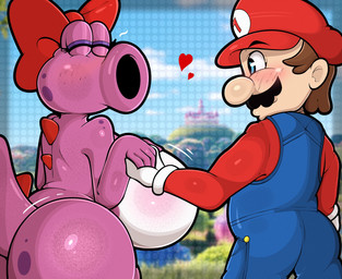 anthro big_breasts big_butt blush breasts butt detailed_background duo eyes_closed female hand_holding huge_breasts huge_butt love male male/female romantic romantic_couple shortstack tail fennyfen_1 mario_bros nintendo mario birdo dinosaur human humanoid mammal prehistoric_species reptile scalie absurd_res digital_media_(artwork) hi_res