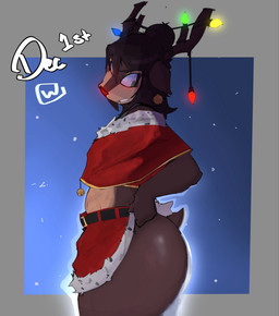 anthro bell big_butt bottomwear brown_body butt christmas_clothing christmas_decorations christmas_lights clothed clothing clothing_lift exposed_belly exposed_butt female glowing glowing_nose green_eyes holidays jingle_bell looking_back male side_view skirt skirt_lift solo woomi_e christmas deer mammal hi_res