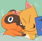 anthro bedding blanket bodily_fluids brown_body brown_fur cellphone chibi duo electronics fur hug kemono male phone slightly_chubby smartphone sweat magictukai_aaaa animal_crossing nintendo crazy_redd tom_nook_(animal_crossing) canid canine fox mammal raccoon_dog tanuki 2020 hi_res