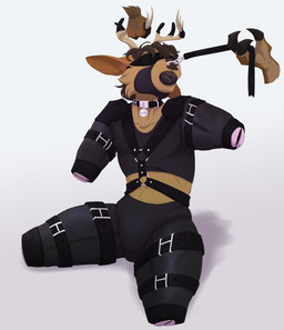anthro antlers bdsm belt bodysuit bound clothing collar collar_tag fleshlight_gag gag hooves horn leash leash_pull legwear male penetrable_sex_toy petplay puppyplay roleplay sex_toy skinsuit solo text_on_collar_tag tight_clothing tights duskovich vlada_dusk deer mammal absurd_res hi_res
