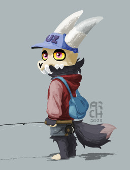 anthro barefoot baseball_cap blue_bag blue_baseball_cap bone bottomwear claws clothing feet fishing_rod fluffy fluffy_tail fur grey_background grey_body grey_bottomwear grey_clothing grey_fur grey_shorts hat headgear headwear holding_fishing_rod holding_object hoodie horn male multicolored_tail neck_tuft red_clothing red_hoodie red_topwear shorts shoulder_bag simple_background skull skull_head solo tail toe_claws topwear tuft white_horn yellow_eyes archie9005 disney the_owl_house king_clawthorne canid canid_demon demon mammal titan_(the_owl_house) 2025 english_description hi_res
