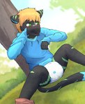 anthro black_body black_fur bottomwear bottomwear_down bullying clothed clothing diaper fur green_eyes green_markings hoodie male markings outside pants pants_down partially_clothed solo topwear wearing_diaper luce_bontemps koneko_binx_shadowpaw hi_res