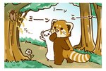 black_eyes black_nose brown_body chibi detailed_background dot_eyes duo feral flower outside plant text tree walking white_body shi_nominmin ailurid arthropod cicada insect mammal mustelid musteline red_panda stoat true_bug true_musteline weasel 2023 hi_res japanese_text