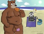 anthro ball balls beach beach_ball duo embarrassed genitals half-erect humanoid_genitalia humanoid_penis inflatable male moobs nipples nude oblivious outside overweight overweight_male penis seaside slightly_chubby standing sebboh password_(visual_novel) dean_(password) bear felid mammal pantherine tiger absurd_res hi_res