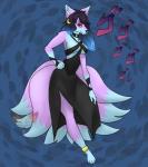 black_clothing black_dress black_hair blue_body blue_fur breasts clothed clothing dress female fur hair multi_tail purple_body purple_fur side_boob side_slit side_slit_clothing side_slit_dress sideless_clothing sideless_dress skimpy solo tail under_boob deanwolfwood canid canine fox mammal hi_res