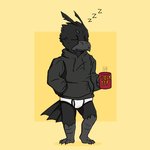 anthro avian_feet beak black_clothing black_hoodie black_topwear briefs bulge clothing coffee_mug drawyourfursona hoodie hoodie/briefs_meme male simple_background solo standing tired topwear underwear white_clothing white_underwear unknown_artist meme_clothing avian bird corvid corvus_(genus) crow oscine passerine 1:1 hi_res meme