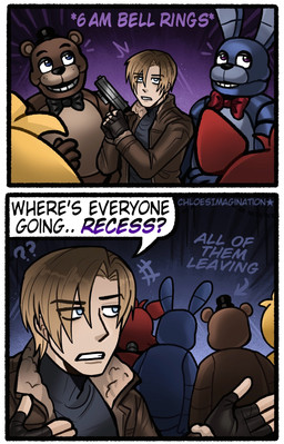 2_panel_comic 4_fingers 5_fingers anthro arms_bent asking black_bow_tie black_clothing black_eyebrows black_fingerless_gloves black_gloves black_handwear black_nose black_shirt black_top_hat black_topwear blonde_hair blue_body blue_eyes bow_tie brown_clothing brown_jacket brown_topwear clenched_teeth clothed clothed_human clothed_male clothing eye_through_hair eyebrow_through_hair eyebrows female female_anthro fingerless_gloves fingers gloves gradient_background group gun hair handgun handwear holding_gun holding_handgun holding_object holding_pistol holding_ranged_weapon holding_weapon jacket lidded_eyes light long_ears looking_at_another machine male male_anthro male_human mostly_offscreen_anthro mostly_offscreen_character mostly_offscreen_female multicolored_body multicolored_hair no_eyebrows open_clothing open_jacket open_topwear pistol purple_eyes question question_mark ranged_weapon red_body red_bow_tie red_hair shirt short_hair simple_background speech_bubble standing tan_body tan_skin teeth text topwear translucent translucent_hair two_tone_body two_tone_hair walking walking_away weapon yellow_body chloeimagine capcom five_nights_at_freddy's resident_evil scottgames bonnie_(fnaf) chica_(fnaf) foxy_(fnaf) freddy_(fnaf) leon_kennedy animatronic avian bear bird canid canine chicken fox galliform human lagomorph leporid mammal phasianid rabbit robot 2026 artist_name colored comic crossover digital_drawing_(artwork) digital_media_(artwork) english_description english_text hi_res lighting shaded