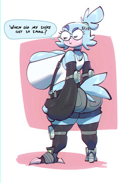 anthro armwear beak big_breasts blue_body blue_hair bottomwear breasts bulging_breasts butt choker cleavage clothed clothing denim dialogue elbow_gloves eyebrows eyelashes eyewear feet female fingerless_gloves glasses gloves hair handwear huge_breasts jewelry narrowed_eyes necklace prosthetic prosthetic_foot raised_eyebrow rear_view round_glasses shirt shorts solo speech_bubble suspenders tail talons tank_top text tied_hair toes topwear bigdad verity_(doodledox) avian 2023 english_text