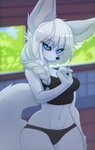 5_fingers anthro big_ears big_tail black_nose black_sclera blue_eyes blush claws clothing female fingers hair lingerie ponytail solo tail underwear white_body white_hair midnight_arr alice_destiny canid canine fox mammal hi_res