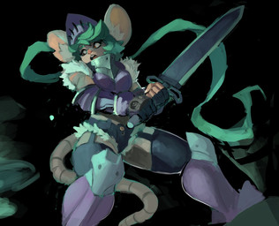 anthro armor big_ears bottomwear bracers clothing female greaves green_hair hair headgear helmet hotpants looking_aside melee_weapon orange_eyes plate_armor ribbons shorts solo sword weapon pajamamcham matilda_(dansyron) mammal mouse murid murine rodent hi_res