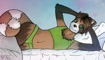 anthro bed blue_background bulge clothed clothing femboy fur furniture green_clothing green_eyes living_image looking_at_viewer lying male navel on_side pose red_body red_fur simple_background smile solo underwear jikojin ailurid mammal red_panda hi_res