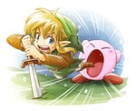 blonde_hair clothing duo footwear hair humanoid_pointy_ears light_body light_skin male melee_weapon not_furry open_mouth sword weapon sayoyon a_link_between_worlds kirby_(series) nintendo the_legend_of_zelda kirby link alien elf humanoid hylian waddling_head crossover signature