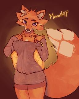 anthro backlighting bedroom_eyes big_tail breasts brown_background cheek_tuft claws clothed clothing dress eyebrows eyelashes facial_tuft female fur halter_top inner_ear_fluff light long_sleeve_dress looking_at_viewer medium_breasts narrowed_eyes orange_body orange_fur oversized_clothing purple_eyes seductive silhouetted_body simple_background solo tail thick_tail translucent translucent_clothing tuft manustuff canid canine fox mammal 4:5 hi_res lighting