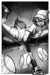 anthro ball baseball_(ball) baseball_field baseball_glove baseball_pitcher baseball_uniform clothing fangs female fluffy fluffy_tail motion_lines open_mouth raised_leg solo sportswear tail teeth uniform nns brand_new_animal studio_trigger michiru_kagemori canid canine mammal raccoon_dog tanuki 2021 greyscale hi_res monochrome