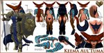 3d_(artwork) absurd_res armor blue_eyes border clothing cloven_hooves digital_media_(artwork) english_text female genitals hair hi_res hooves horn humanoid janner3d keema long_ears long_tail mane melee_weapon model_sheet mountainfolk muscular muscular_female not_furry pike_(weapon) polearm pubes pussy size_difference solo spear tabard tail tattoo text weapon white_border