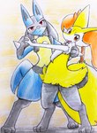 ambiguous_gender anthro blush blush_lines dancing duo fur hand_holding inner_ear_fluff looking_at_viewer open_mouth orange_body orange_eyes orange_fur paws red_eyes spikes spikes_(anatomy) stick tail tongue tuft white_body white_fur yellow_body yellow_fur eiroru nintendo pokemon braixen canid canine generation_4_pokemon generation_6_pokemon lucario mammal pokemon_(species) 2021 graphite_(artwork) hi_res traditional_media_(artwork)