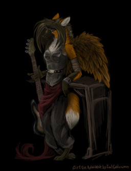 anthro armor bass_guitar black_background dipstick_tail feathered_wings feathers female guitar markings musical_instrument plucked_string_instrument simple_background smile solo string_instrument tail tail_markings wings koul canid canine fox mammal