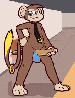4_toes accessory anthro balls big_penis black_necktie blue_balls bodily_fluids brown_body brown_fur brown_hair brown_penis brown_pupils erection feet foreskin front_view fur furgonomics genital_fluids genitals glans hair hand_on_hip jewelry looking_at_viewer male masturbation mostly_nude necktie penile penile_masturbation penis pink_glans precum pupils ring smile solo tail tail_accessory tail_jewelry tail_ring tan_body tan_fur tan_inner_ear toes yellow_body yellow_eyes yellow_fur ultilix jack_(themonkeyjack) haplorhine mammal monkey primate 2024 digital_media_(artwork) hi_res