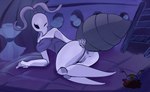 anthro anus arthropod_abdomen big_breasts black_eyes breasts butt clothed clothing empty_eyes featureless_feet feet female genitals hair looking_at_viewer nude pussy simple_background solo tail opalniko hollow_knight team_cherry iselda_(hollow_knight) arthropod insect digital_media_(artwork) hi_res