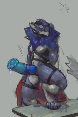 animal_genitalia anthro bodily_fluids equine_genitalia erection fur genital_fluids genitals harness leaking_precum looking_at_viewer male male/male precum raised_leg solo solo_focus vekyn ker wickerbeast absurd_res hi_res tagme