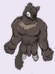 anthro bared_fangs bared_teeth clothing erection footwear footwear_only foreskin fur genitals male mostly_nude muscular muscular_male nipples nude pecs penis simple_background socks socks_only solo tail dickinoatmeal gulonine mammal mustelid musteline wolverine 3:4 hi_res