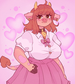 2_horns 4_fingers anthro bangs bell bell_collar bent_arm big_breasts black_collar black_fingers blush blush_lines breasts brown_body brown_fur brown_hair brown_tail brown_tail_tuft cheek_tuft closed_smile clothed clothed_anthro clothed_female clothing collar ear_piercing ear_ring ear_tuft eyebrow_through_hair eyebrows eyelashes facial_tuft female female_anthro fingers fully_clothed fully_clothed_anthro fully_clothed_female fur fur_markings gold_(metal) gold_ear_ring green_eyes hair happy heart_symbol hooved_fingers hooves horn light long_hair markings mouth_closed multicolored_body multicolored_fur piercing pink_background pink_bow pink_clothing pink_inner_ear pink_markings pink_shirt pink_snout pink_topwear ring_piercing shirt simple_background smile solo tail tail_markings tail_tuft text topwear translucent translucent_hair tuft two_tone_tail white_dress_shirt wide_hipped_anthro wide_hipped_female yellow_horn suzeart cow_(suzeart) bovid bovine cattle mammal 2025 artist_name colored digital_drawing_(artwork) digital_media_(artwork) english_description hi_res lighting shaded