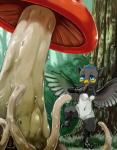 blue_eyes breasts claws duo feathers featureless_breasts featureless_crotch female forest fungus grass mushroom navel open_mouth outside plant scared shrub tentacles tree wet yojoo mythology avian gryphon mythological_avian mythological_creature hi_res